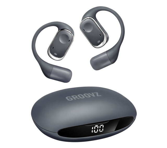 Charcoal Groovz open-ear earbuds floating above their digital-display charging case